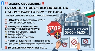 В СРЯДА – ВРЕМЕННО ПРЕУСТАНОВЯВАНЕ НА АДМИНИСТРАТИВНОТО ОБСЛУЖВАНЕ В РУ – ВЕТОВО